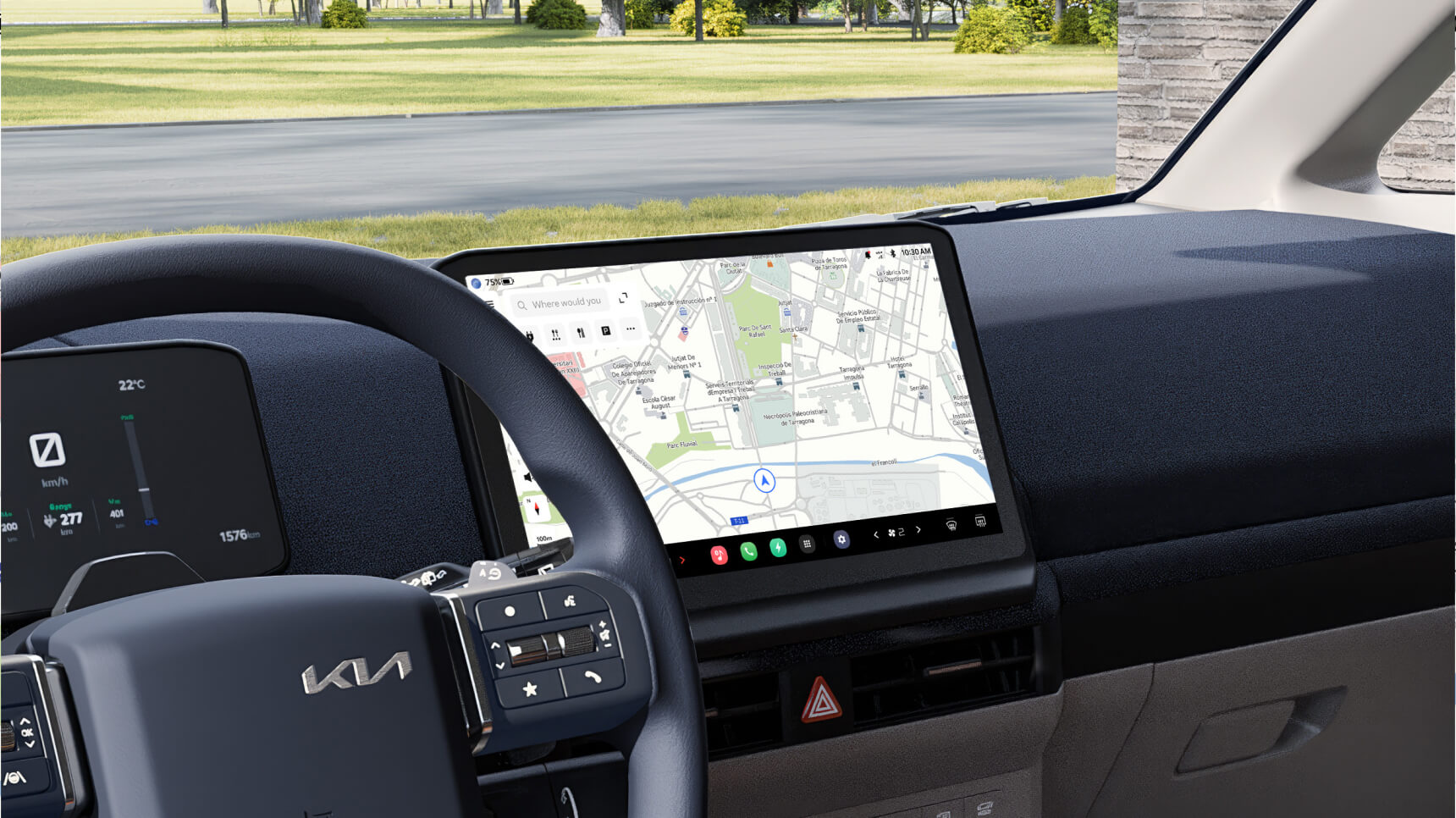 Kia PBV Armaturenbrett mit bordeigenem Infotainment-Bildschirm, der Navigation und intelligente Bedienelemente anzeigt
